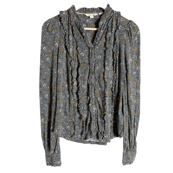 Boden Ruffle Jersey Gray Floral Print Long Sleeve Modest Blouse Size 4 - Picture 5 of 14